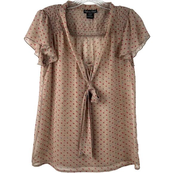 Sylvie & Mado Vintage Blouse Brown Sheer Short Sleeves Ditsy Floral Print Size S - Picture 1 of 13